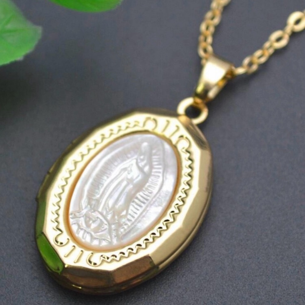 “Virgin de Guadelupe” Mary Mother of Pearl Carved Shell 18K Gold Locket Necklace